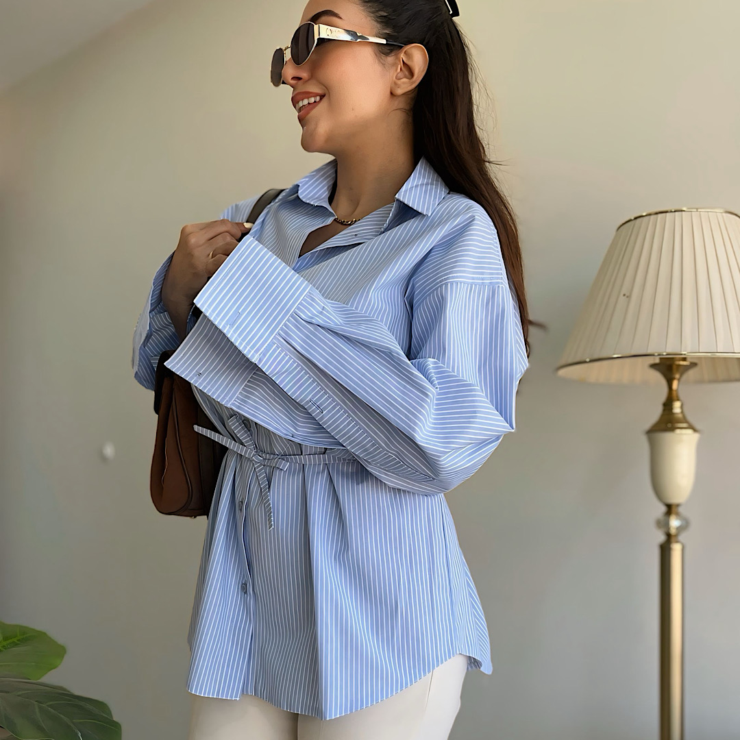 شومیز زنانه نخی راه راه کمر دار